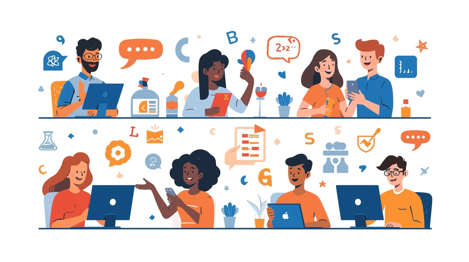 Clip art style illustration showing people playing fun language and word games on computers and phones