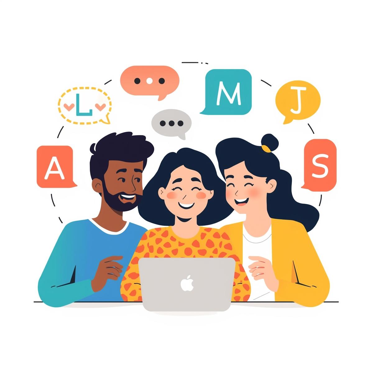 Flat clip art illustration of people enjoying online language games