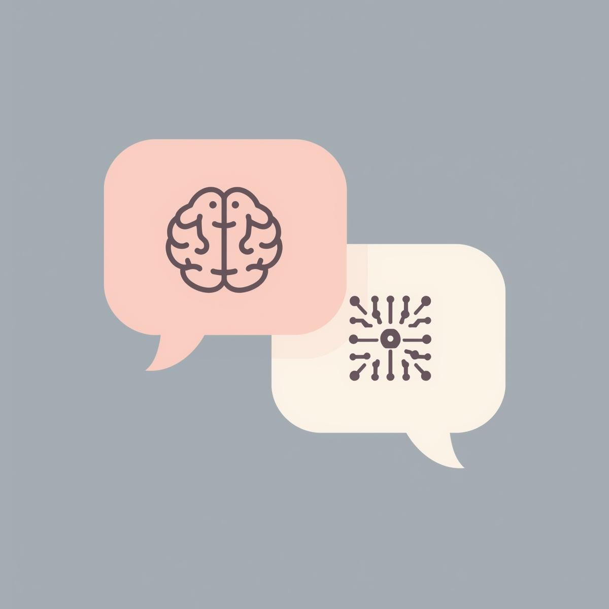 Minimalist clip art of two overlapping speech bubbles symbolizing human vs AI language