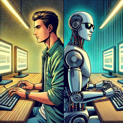 Ein Mensch und ein Roboter tippen am PC